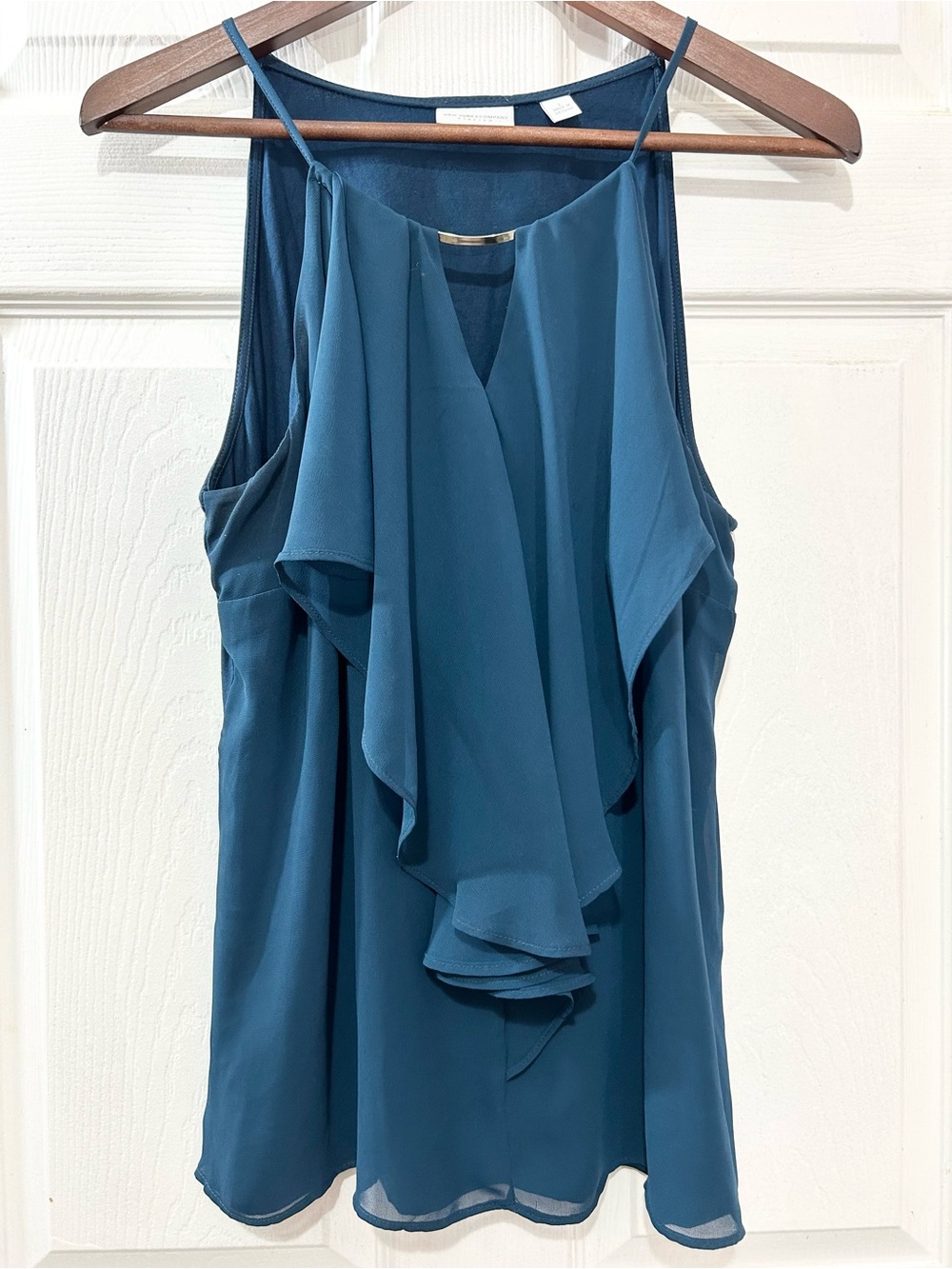 New York & Company Stretch Ruffle Front Tank Blouse Teal Blue Size L